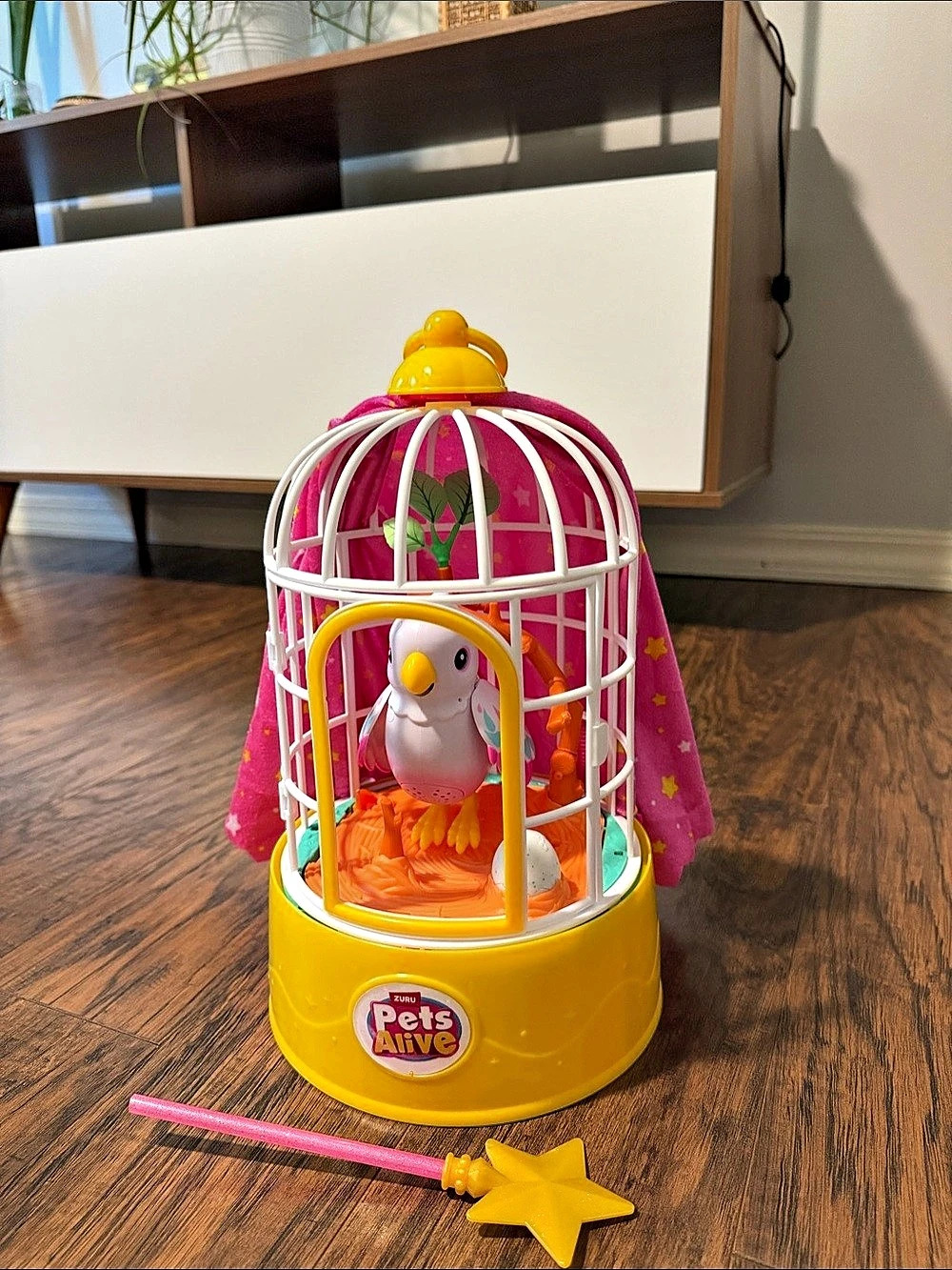 Pets Alive Interactive Bird Toy with Wand in Pink & Yellow Like New